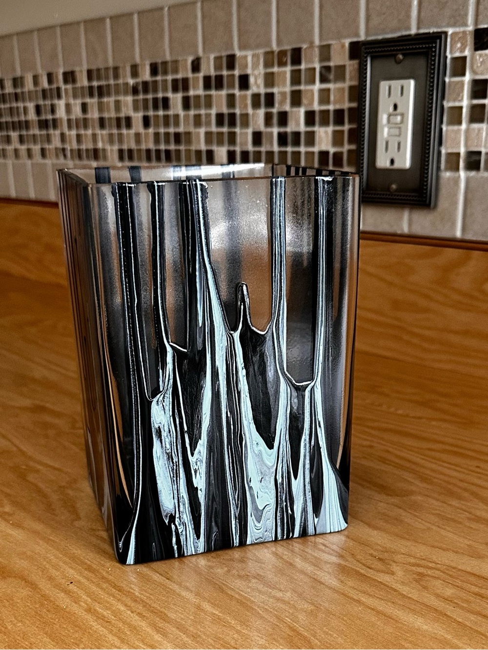 Handmade abstract acrylic painted Black, blue and Silver Swirl Glass Vase